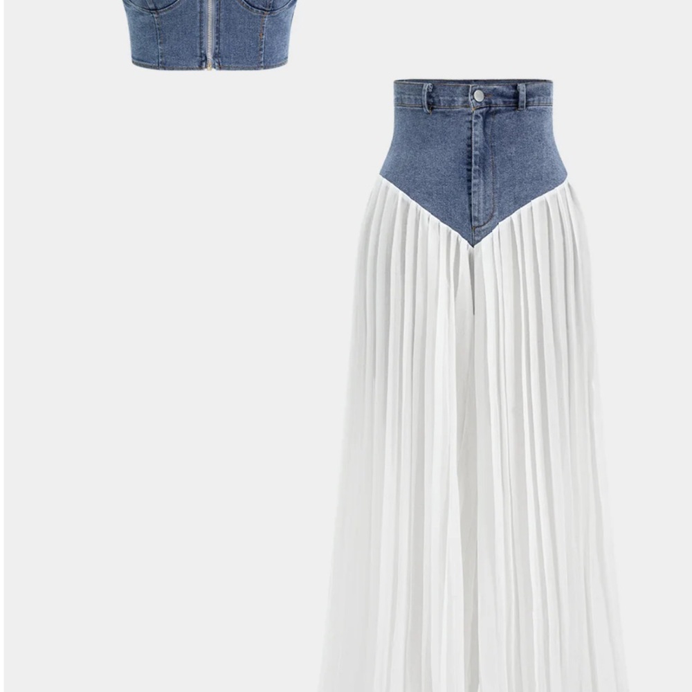 Denim Bustier Zipper Cami Top And Chiffon Pleated Patchwork Trousers Set